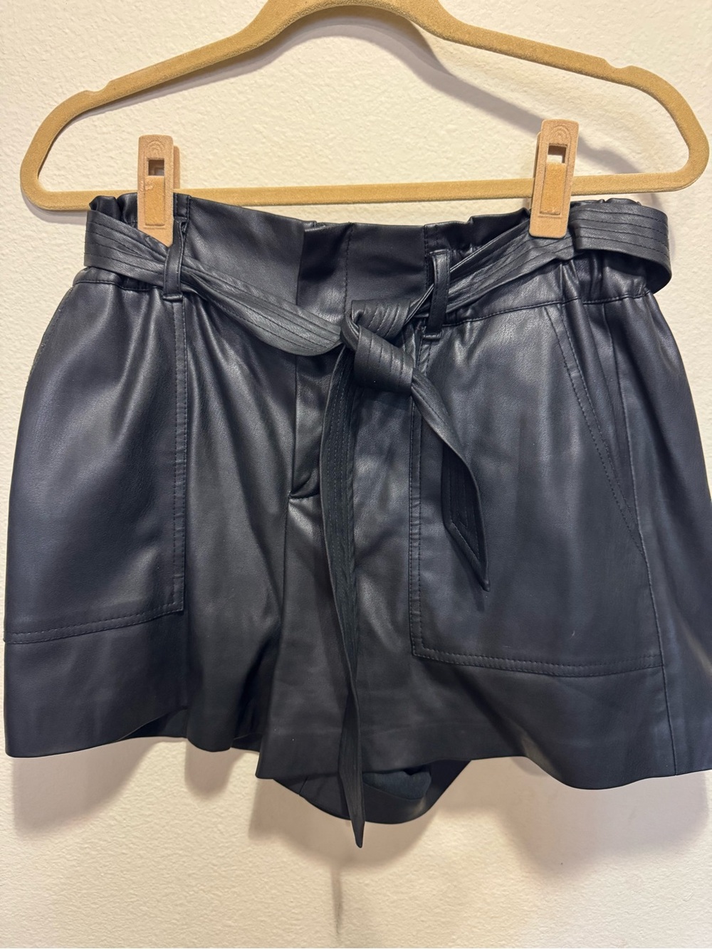 Blank NYC Black High-Waist Faux Leather Paperbag Shorts with Tie